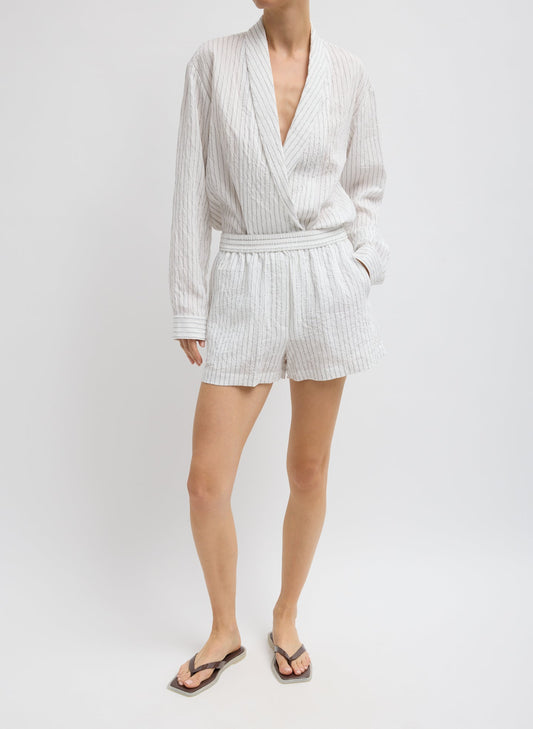 Tibi Ivory Multi Crinkle Stripe Summer Suiting Pull On Shorts