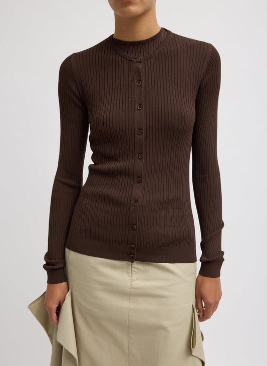 Tibi Hickory Brown Ribbed Sweater Slim Cardigan