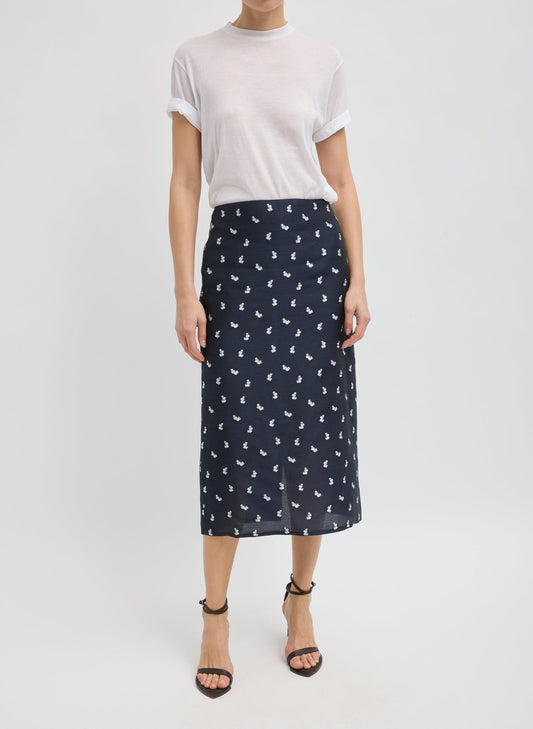 Tibi Navy Multi Silk Gazar Jacquard Pencil Skirt