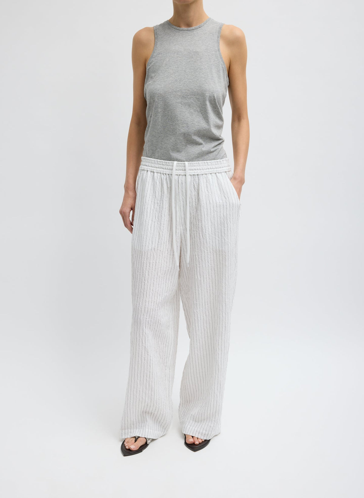 Tibi Ivory Multi Crinkle Stripe Summer Suiting Wide Leg Pull On Pant