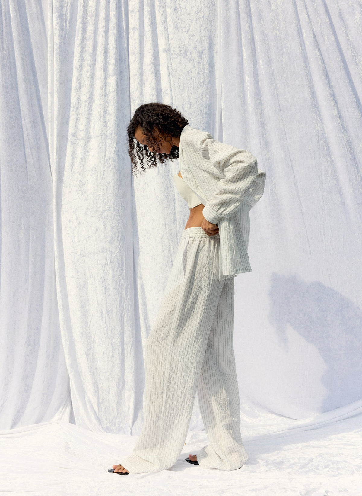 Tibi Ivory Multi Crinkle Stripe Summer Suiting Wide Leg Pull On Pant