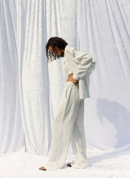 Tibi Ivory Multi Crinkle Stripe Summer Suiting Wide Leg Pull On Pant