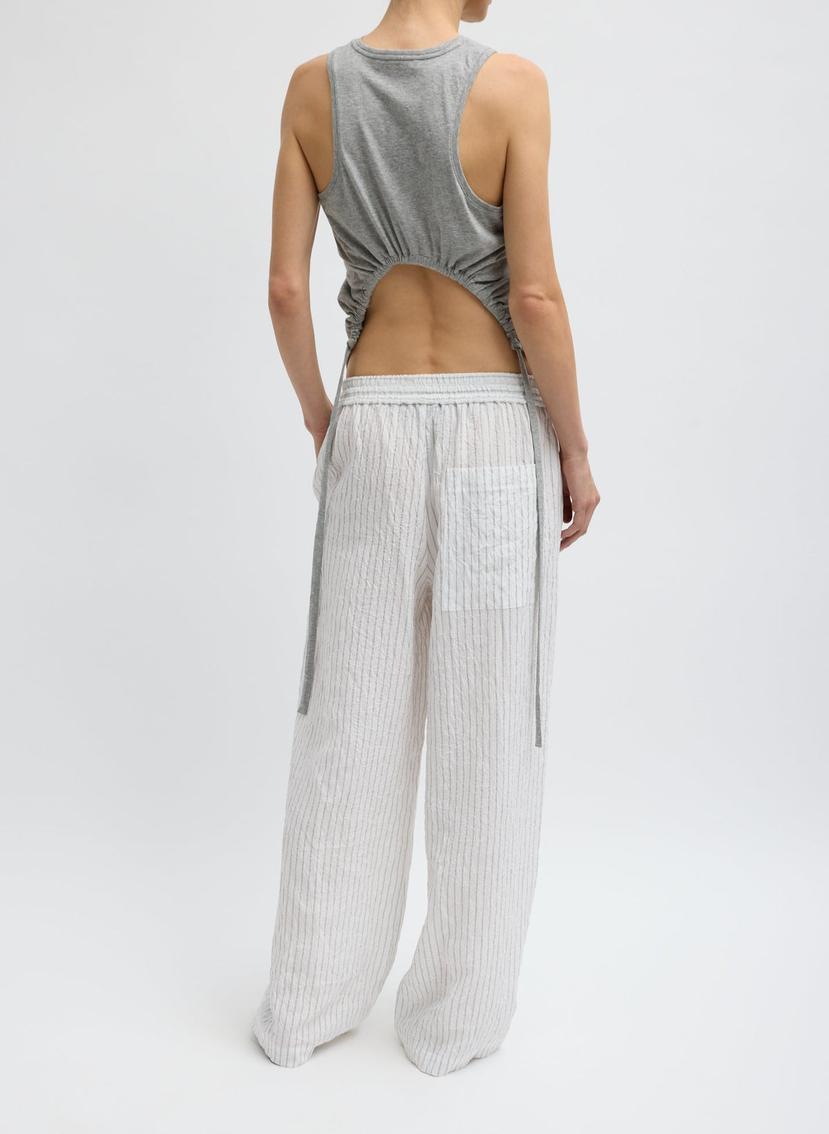 Tibi Ivory Multi Crinkle Stripe Summer Suiting Wide Leg Pull On Pant