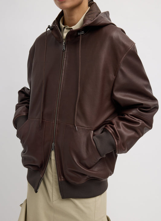 Tibi Brown Leather Zip Up Hoodie Jacket