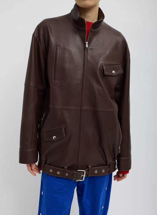 Tibi Brown Leather Moto Bomber