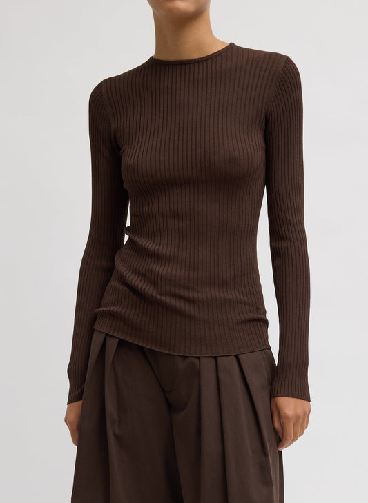 Tibi Hickory Brown Ribbed Sweater Crewneck Pullover