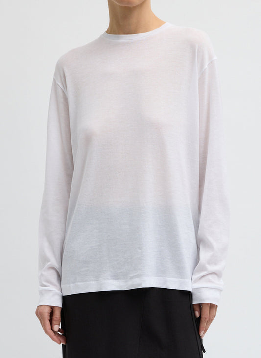 Tibi White Sheer Crepe Knit Crewneck Unisex Long Sleeve T-Shirt