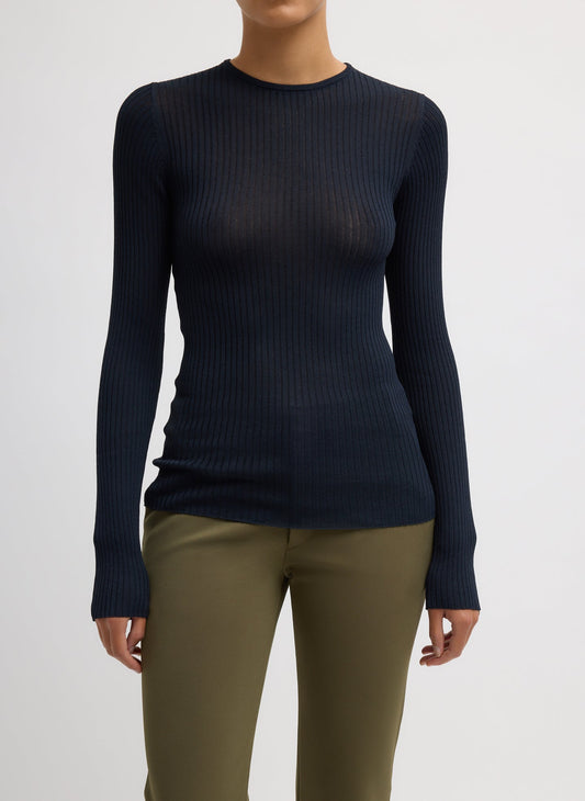 Tibi Navy Ribbed Sweater Crewneck Pullover