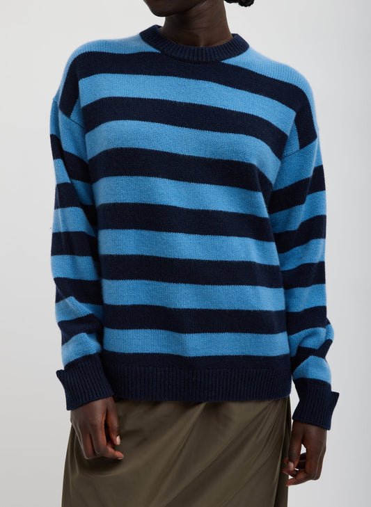 Tibi Navy Multi Striped Cashmere Crewneck Easy Pullover