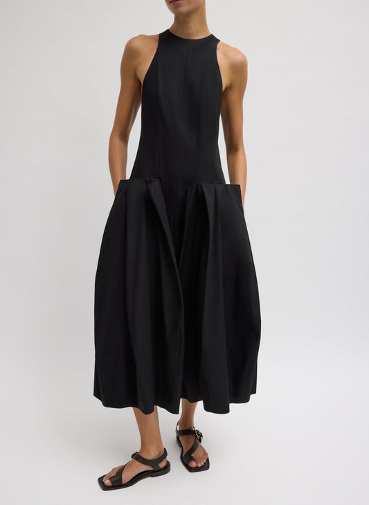 Tibi Black Compact Eco Poplin Pinched Pleat Dress