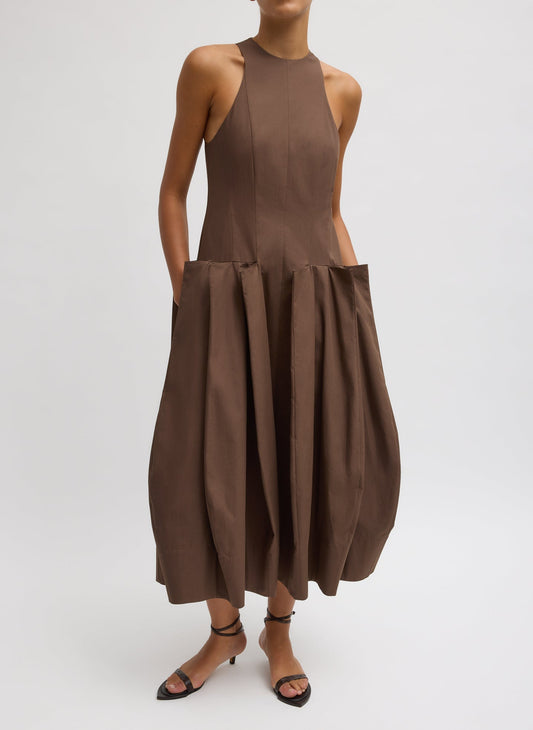 Tibi Sepia Brown Compact Eco Poplin Pinched Pleat Dress