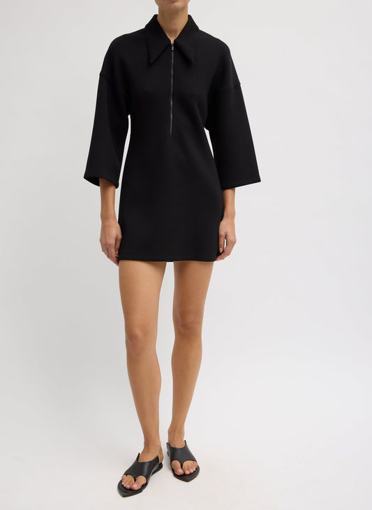 Tibi Black Bonded Viscose Zip Front Short Sleeve Slim Tunic