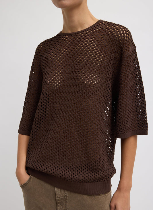 Tibi Hickory Brown Crochet Netting Oversized Easy T-Shirt