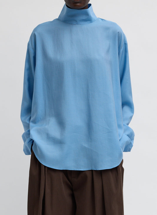 Tibi Blue Ultra Light Silk Tencel Funnel Neck Shirt