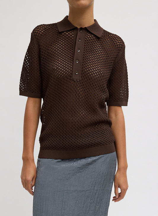 Tibi Hickory Brown Crochet Netting Slim Polo