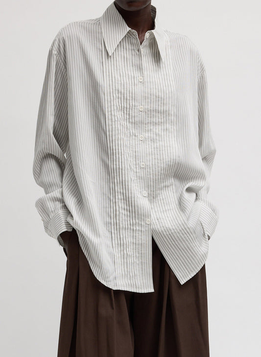 Tibi White Grey Multi Ultra Light Silk Tencel Striped Pintucked Shirt