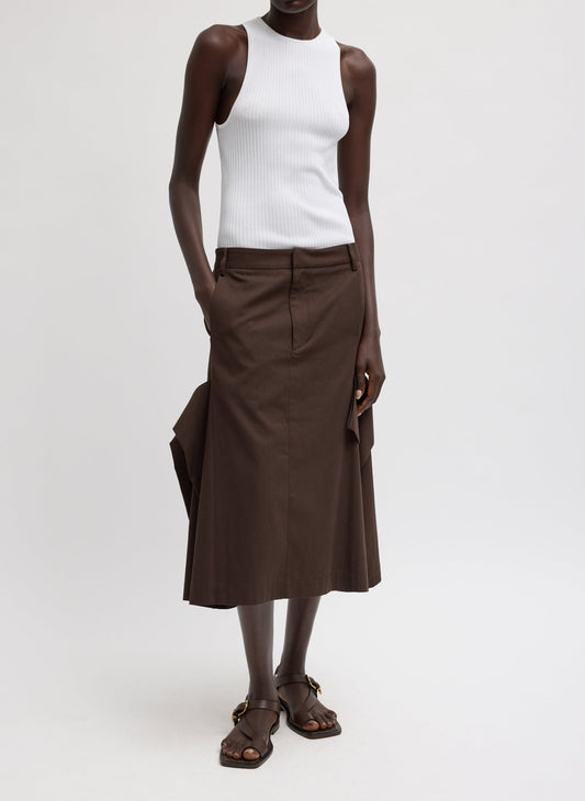 Tibi Hickory Brown Luxe Spring Twill Tucked Pleat Skirt