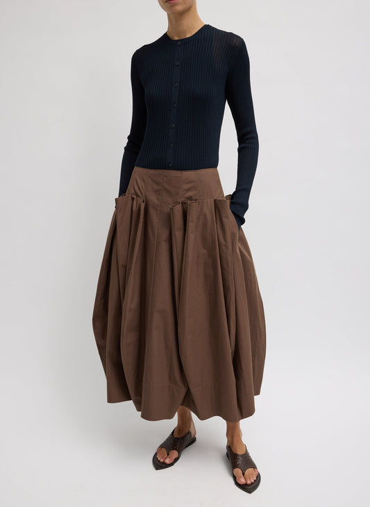 Tibi Sepia Brown Compact Eco Poplin Pinched Pleat Full Skirt
