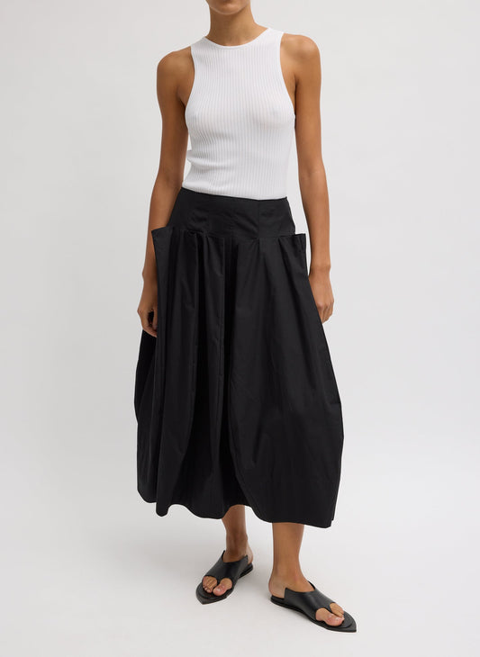 Tibi Black Compact Eco Poplin Pinched Pleat Full Skirt