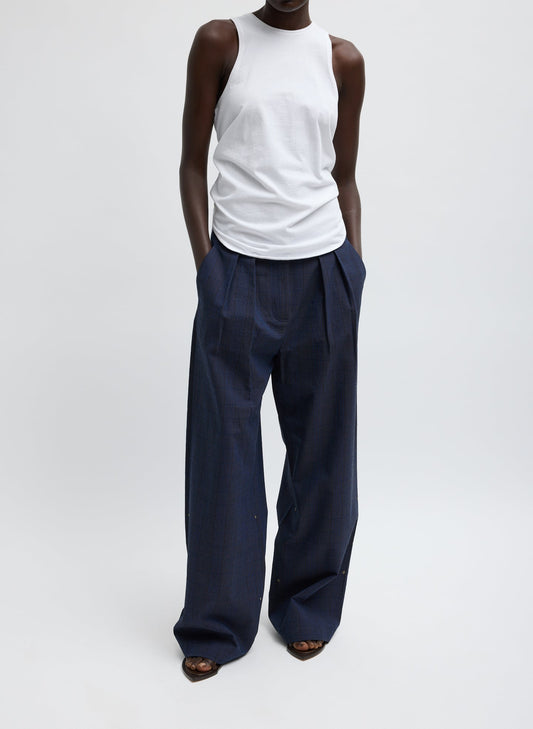 Tibi Navy Multi Menswear Crepon Stella Full Length Pant