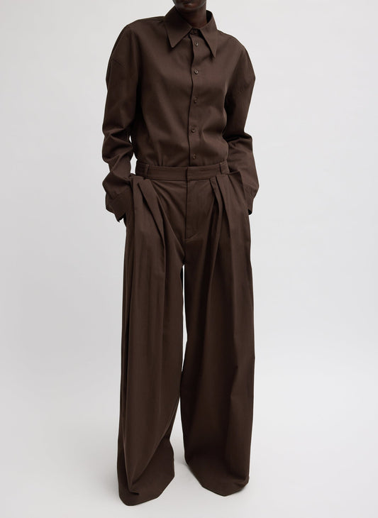 Tibi Hickory Brown Luxe Spring Twill Tucked Pleated Wide Leg Trouser