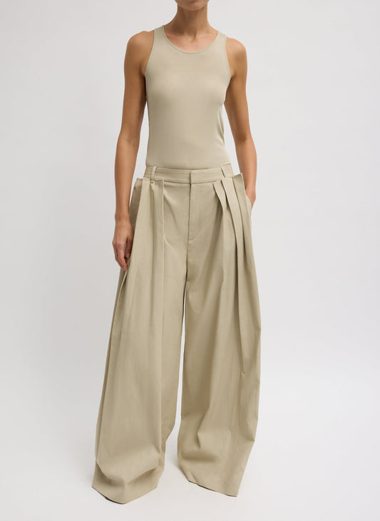 Tibi Taupe Luxe Spring Twill Tucked Pleated Wide Leg Trouser