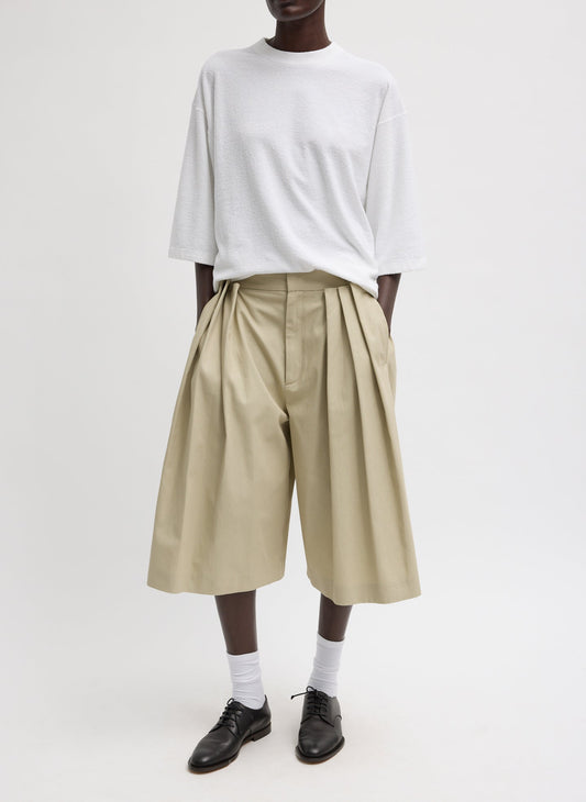 Tibi Taupe Luxe Spring Twill Tucked Pleated Wide Leg Short