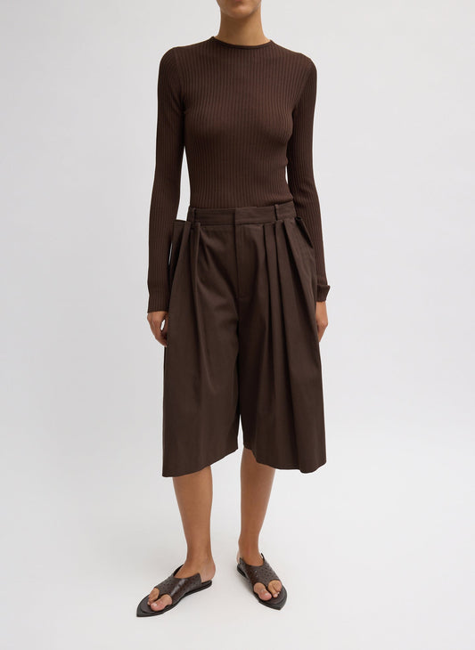 Tibi Hickory Brown Luxe Spring Twill Tucked Pleated Wide Leg Short