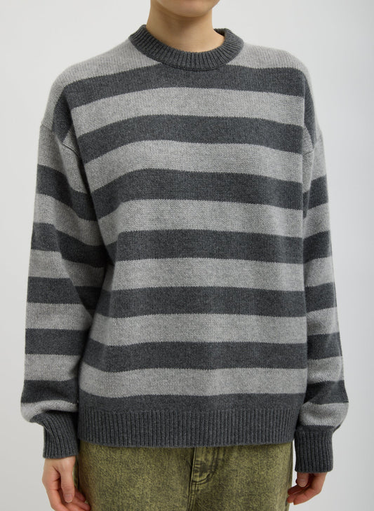 Tibi Grey Multi Striped Cashmere Crewneck Easy Pullover