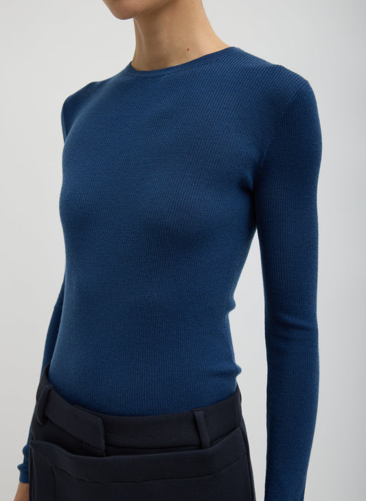 Tibi Seal Blue Featherweight Ribbed Sweater Crewneck Pullover