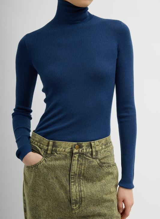 Tibi Seal Blue Featherweight Ribbed Sweater Turtleneck Pullover