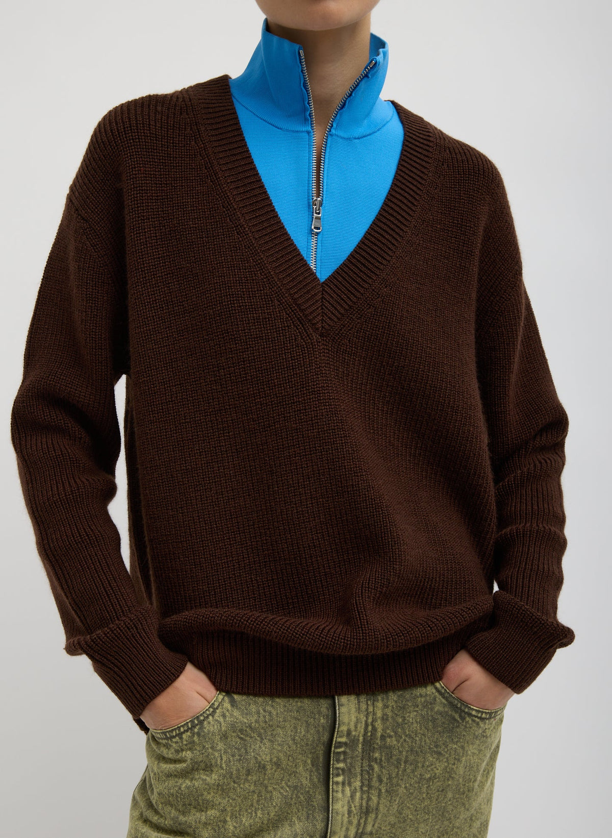 Tibi Brown Cardigan Stitch V-Neck With Removable Dickie
