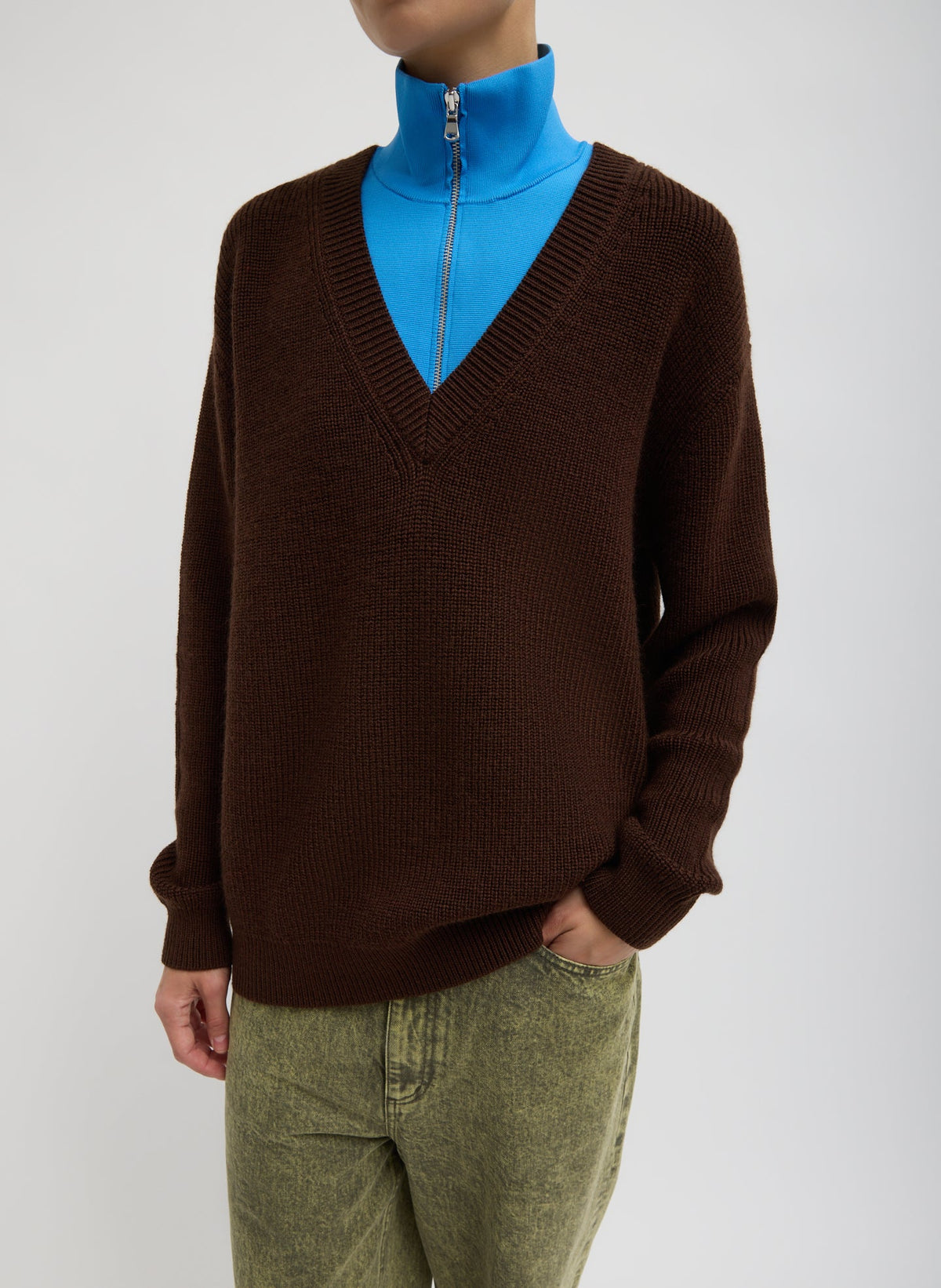 Tibi Brown Cardigan Stitch V-Neck With Removable Dickie
