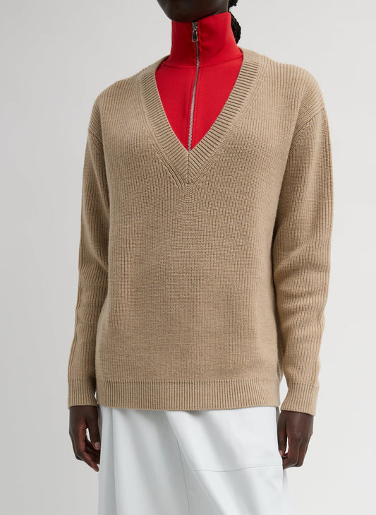 Tibi Latte Cardigan Stitch V-Neck With Removable Dickie