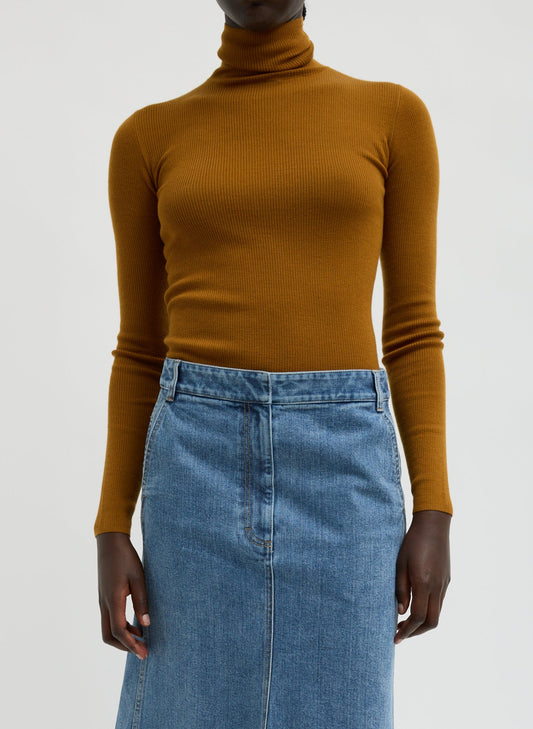 Tibi Ochre Featherweight Ribbed Sweater Turtleneck Pullover