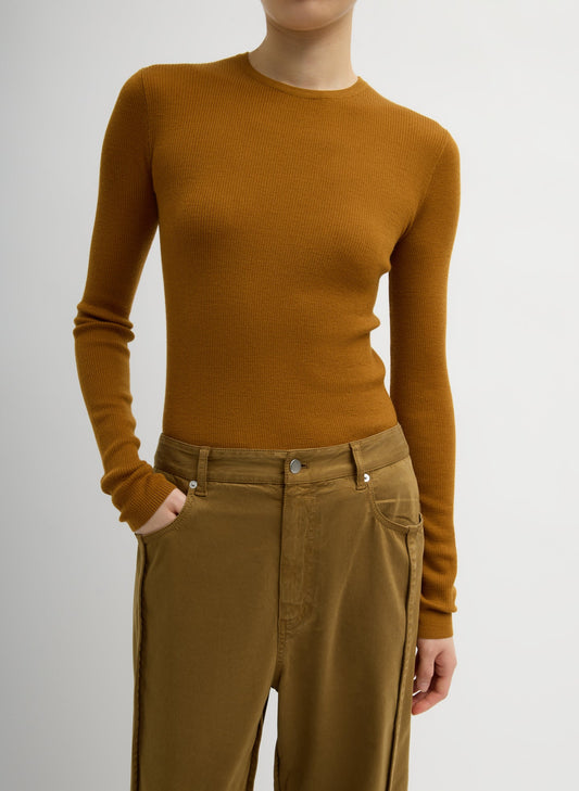 Tibi Ochre Featherweight Ribbed Sweater Crewneck Pullover