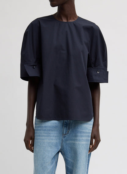Tibi Navy Compact Eco Poplin Reverse Sleeve Top