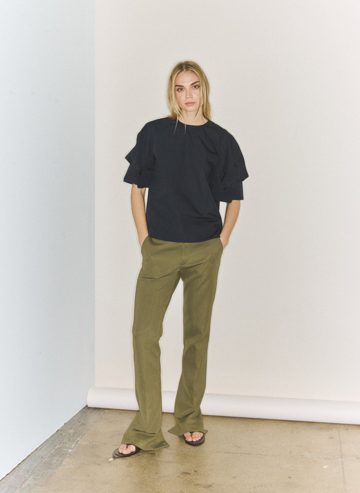 Tibi Navy Compact Eco Poplin Reverse Sleeve Top