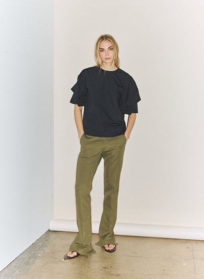 Tibi Navy Compact Eco Poplin Reverse Sleeve Top
