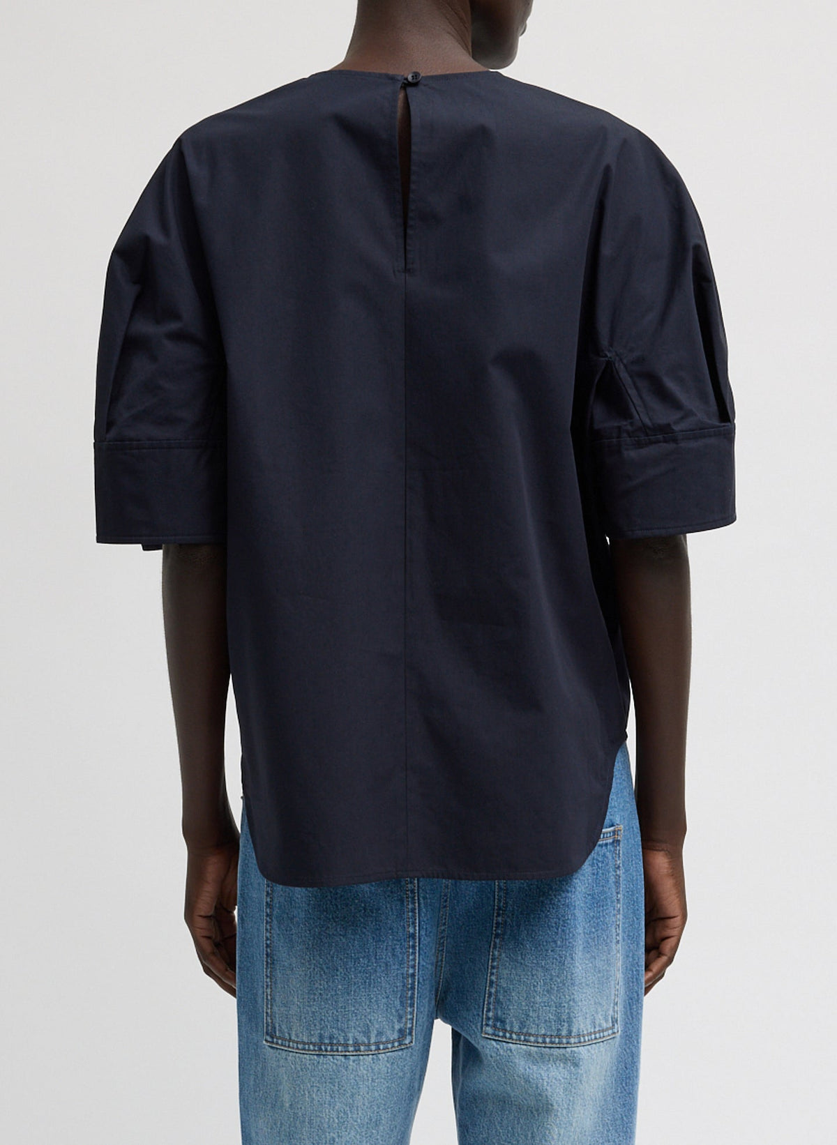 Tibi Navy Compact Eco Poplin Reverse Sleeve Top