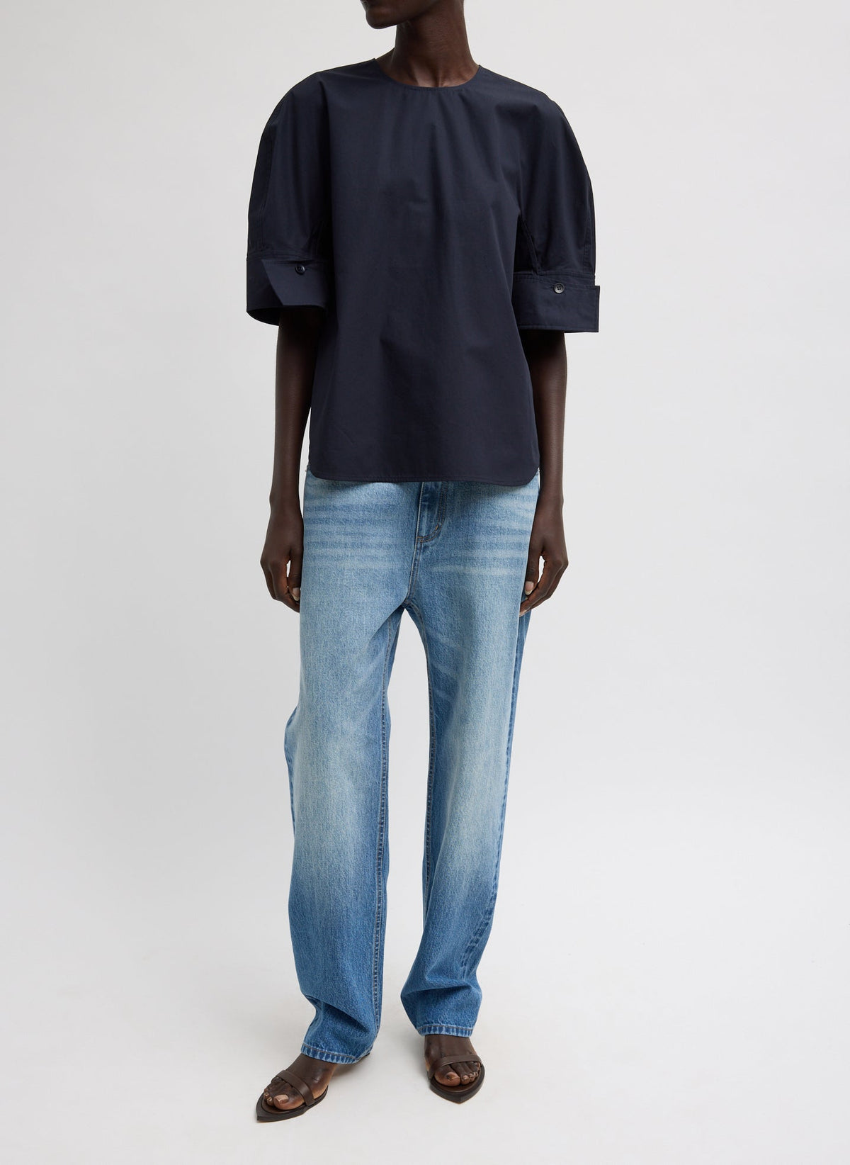 Tibi Navy Compact Eco Poplin Reverse Sleeve Top