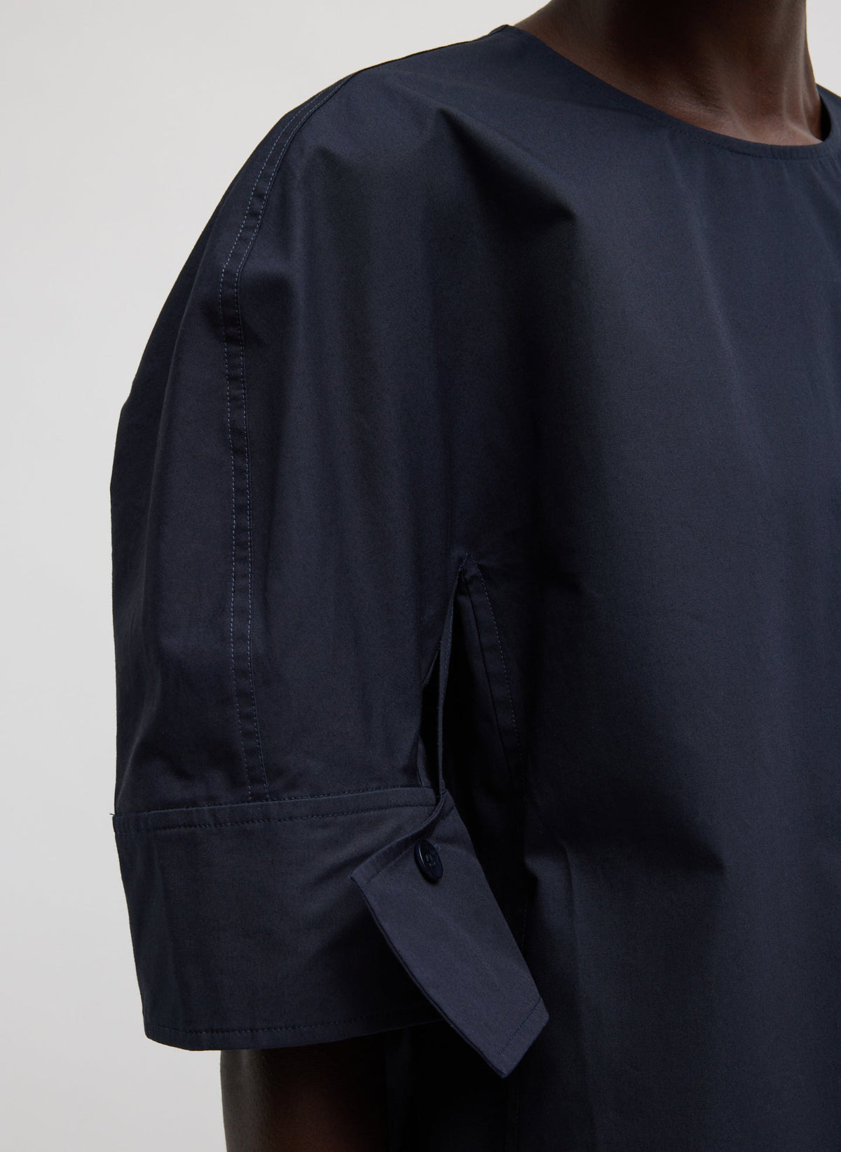 Tibi Navy Compact Eco Poplin Reverse Sleeve Top