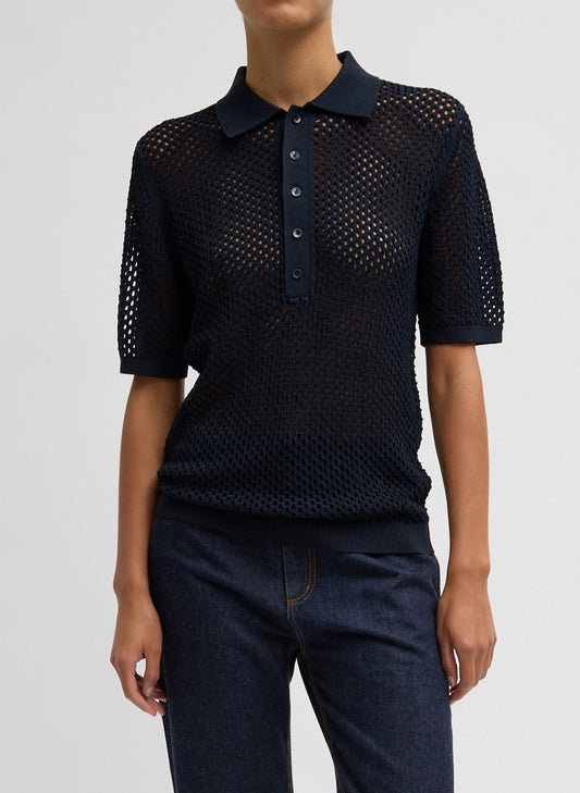 Tibi Navy Crochet Netting Slim Polo