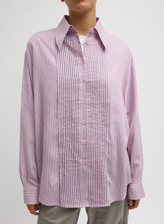Tibi Pink Multi Ultra Light Silk Tencel Striped Pintucked Shirt