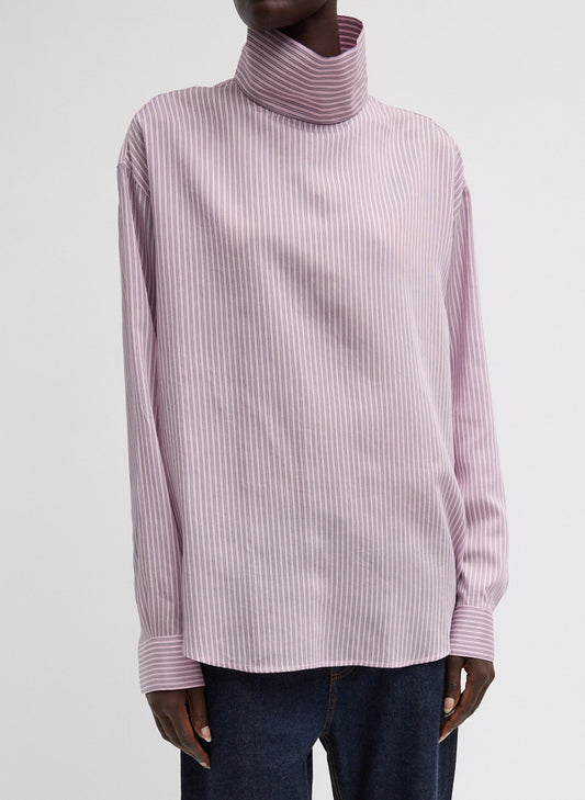 Tibi Pink Multi Ultra Light Silk Tencel Striped Funnel Neck Shirt