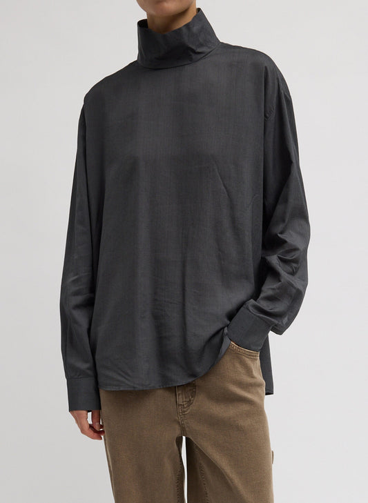 Tibi Black Ultra Light Silk Tencel Funnel Neck Shirt