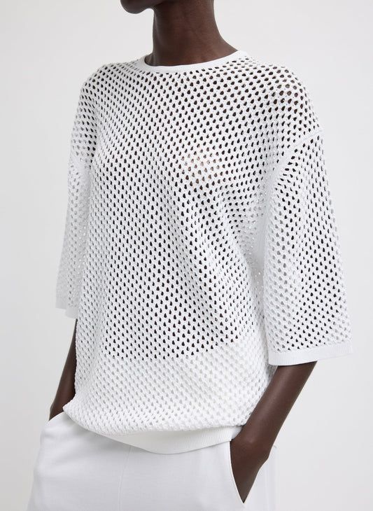 Tibi White Crochet Netting Oversized Easy T-Shirt