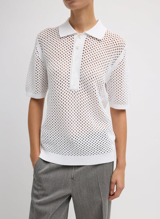 Tibi White Crochet Netting Slim Polo