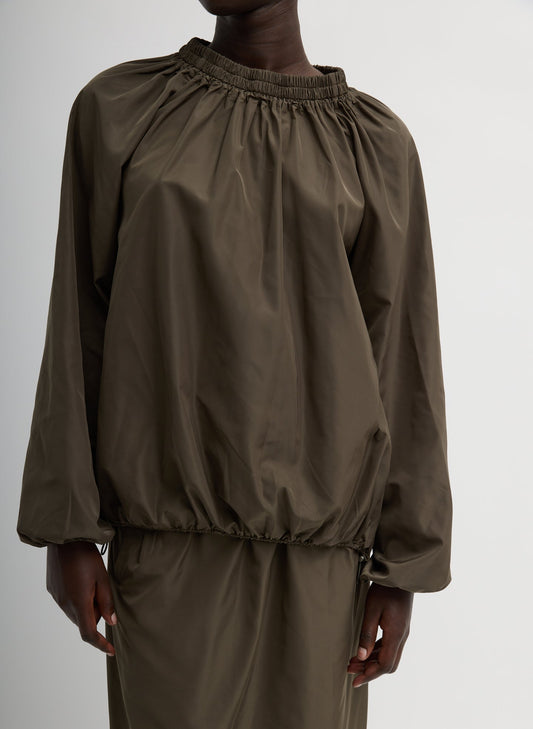Tibi Dark Hazelnut Italian Sporty Nylon Shirred Anorak Top