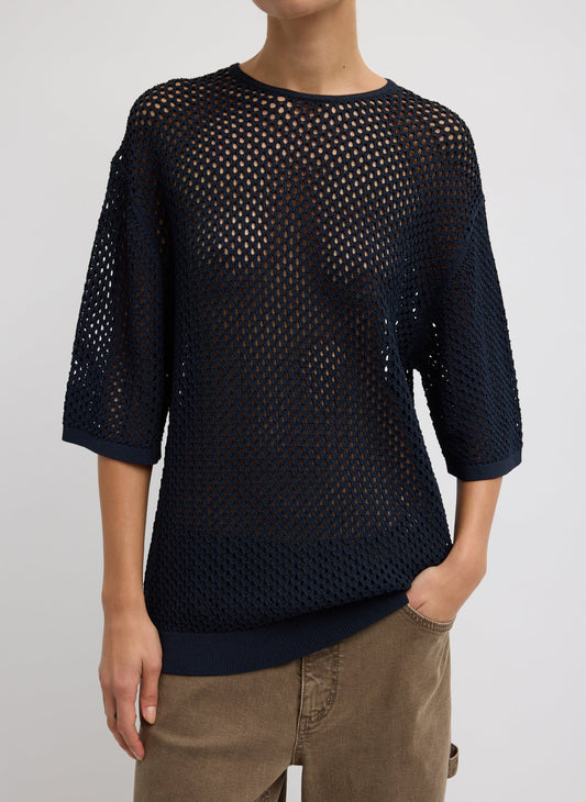 Tibi Navy Crochet Netting Oversized Easy T-Shirt